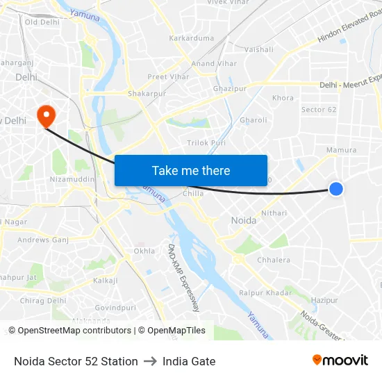 Noida Sector 52 Station to India Gate map