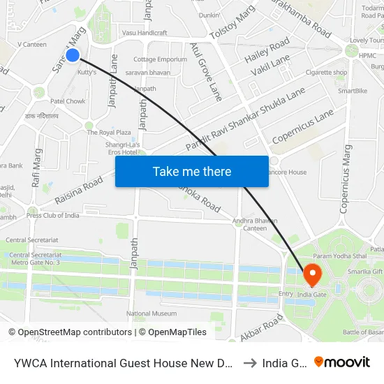 YWCA International Guest House New Delhi India to India Gate map