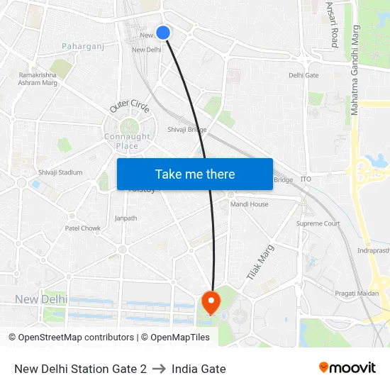 New Delhi Station Gate 2 to India Gate map