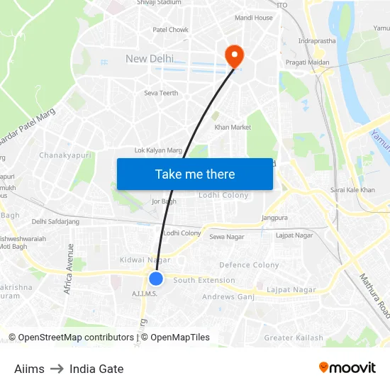 Aiims to India Gate map
