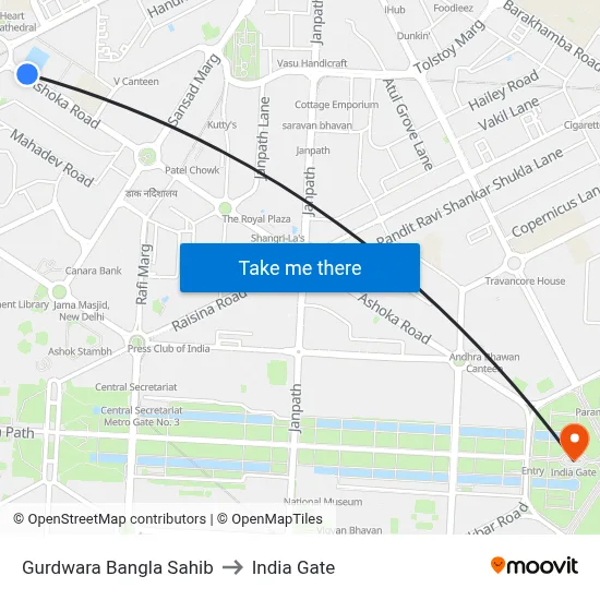 Gurdwara Bangla Sahib to India Gate map