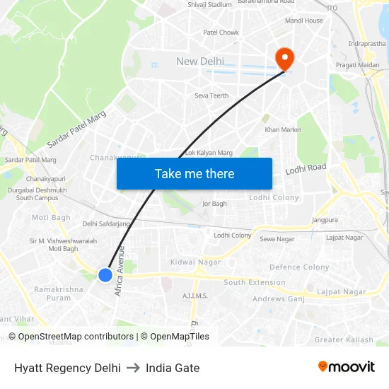 Hyatt Regency Delhi to India Gate map