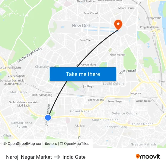 Naroji Nagar Market to India Gate map