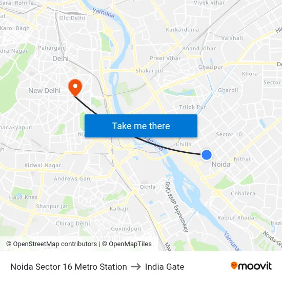 Noida Sector 16 Metro Station to India Gate map