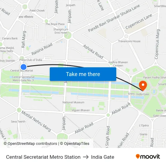 Central Secretariat Metro Station to India Gate map