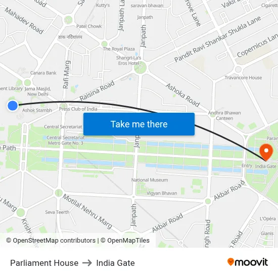Parliament House to India Gate map