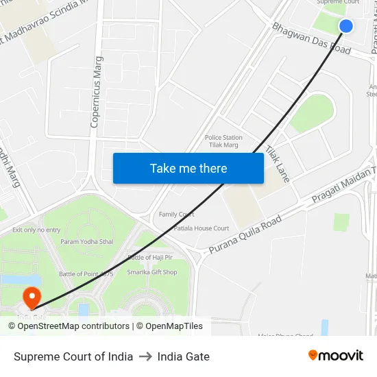 Supreme Court of India to India Gate map