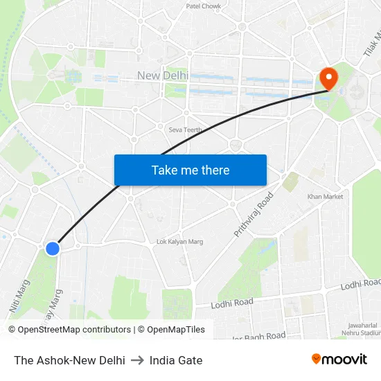 The Ashok-New Delhi to India Gate map