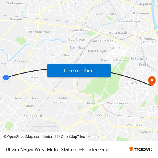 Uttam Nagar West Metro Station to India Gate map