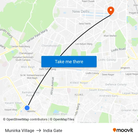 Munirka Village to India Gate map