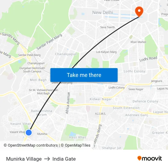Munirka Village to India Gate map