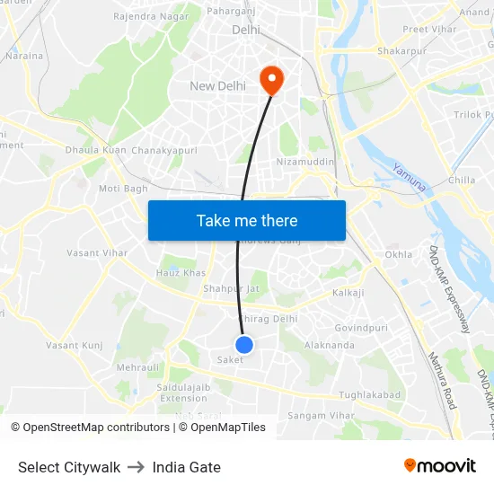 Select Citywalk to India Gate map