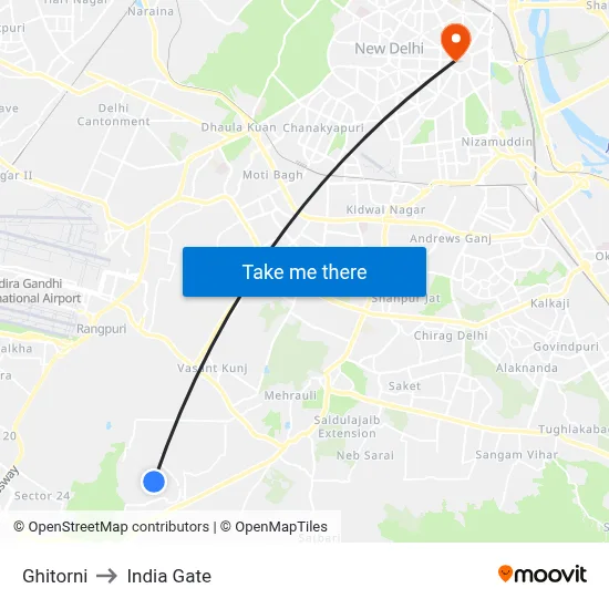 Ghitorni to India Gate map
