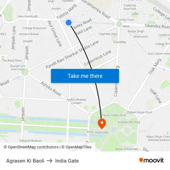Agrasen Ki Baoli to India Gate map