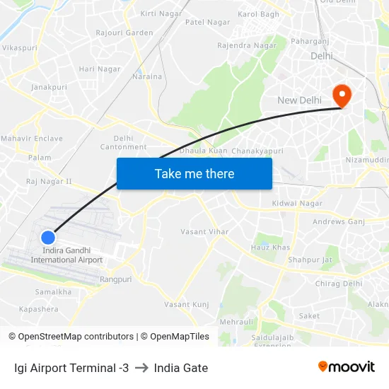 Igi Airport Terminal -3 to India Gate map