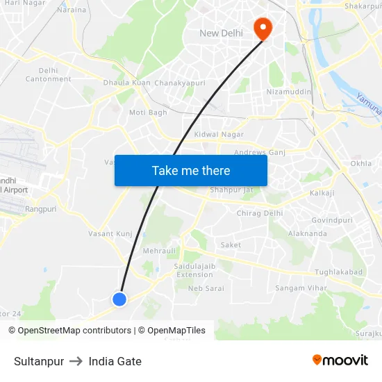Sultanpur to India Gate map