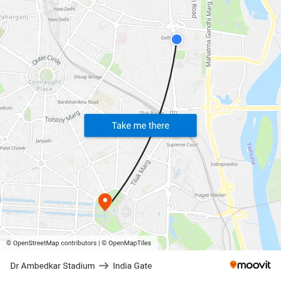 Dr Ambedkar Stadium to India Gate map
