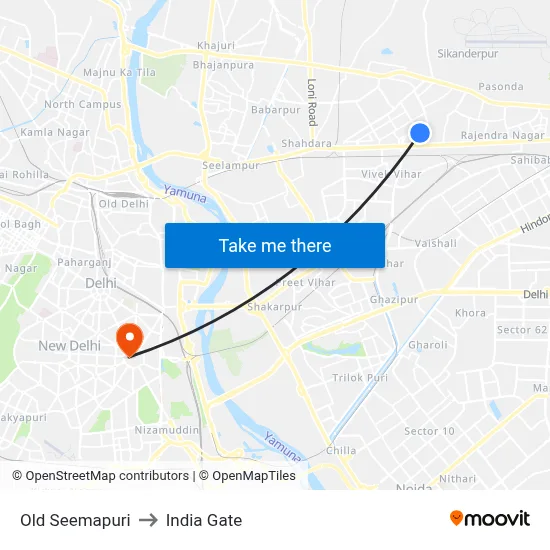 Old Seemapuri to India Gate map