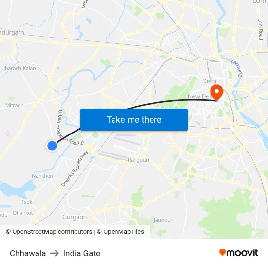 Chhawala to India Gate map