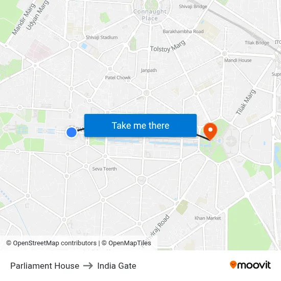 Parliament House to India Gate map