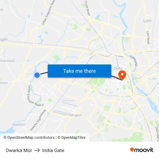 Dwarka Mor to India Gate map