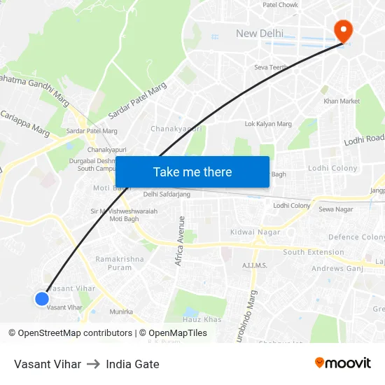 Vasant Vihar to India Gate map