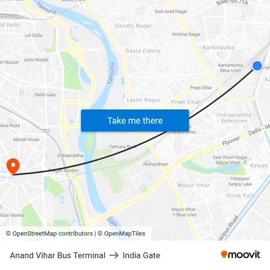 Anand Vihar Bus Terminal to India Gate map