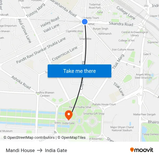 Mandi House to India Gate map