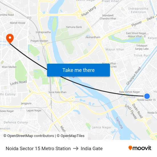 Noida Sector 15 Metro Station to India Gate map