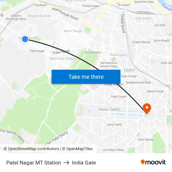 Patel Nagar MT Station to India Gate map