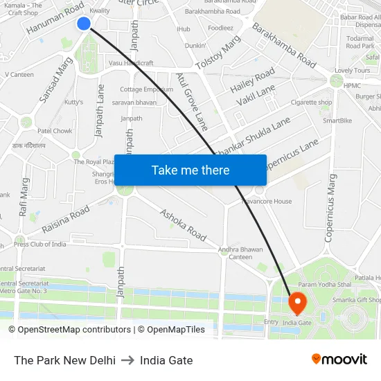The Park New Delhi to India Gate map