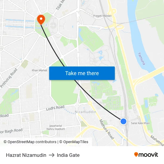 Hazrat Nizamudin to India Gate map