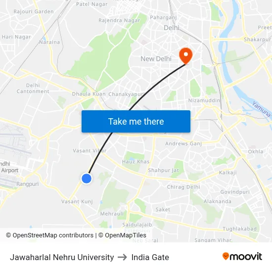 Jawaharlal Nehru University to India Gate map
