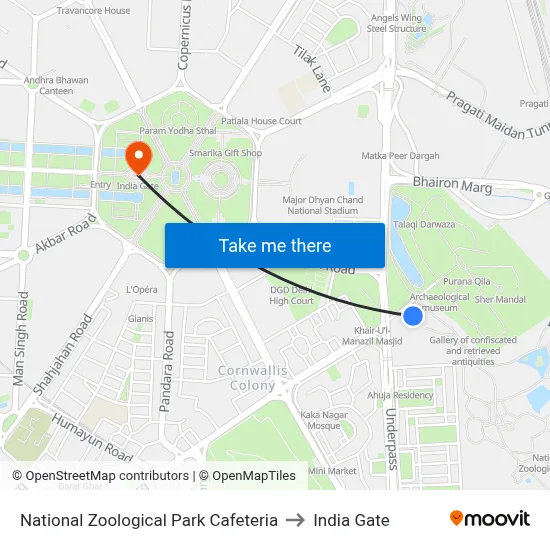 National Zoological Park Cafeteria to India Gate map