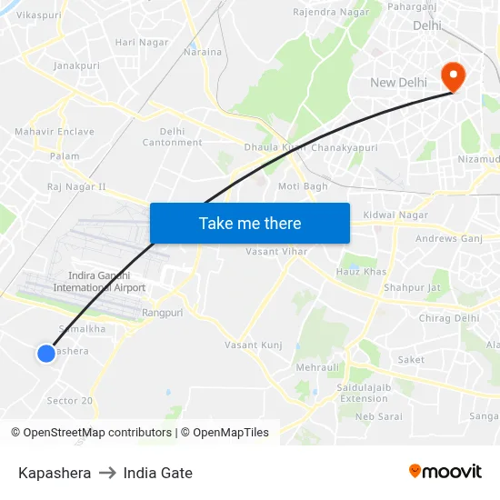 Kapashera to India Gate map