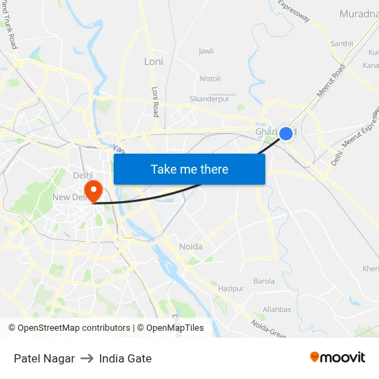Patel Nagar to India Gate map