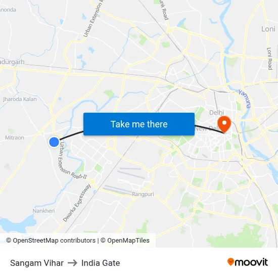 Sangam Vihar to India Gate map