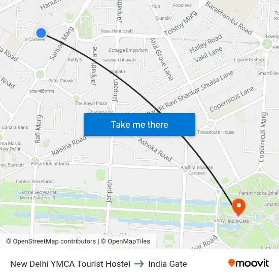 New Delhi YMCA Tourist Hostel to India Gate map