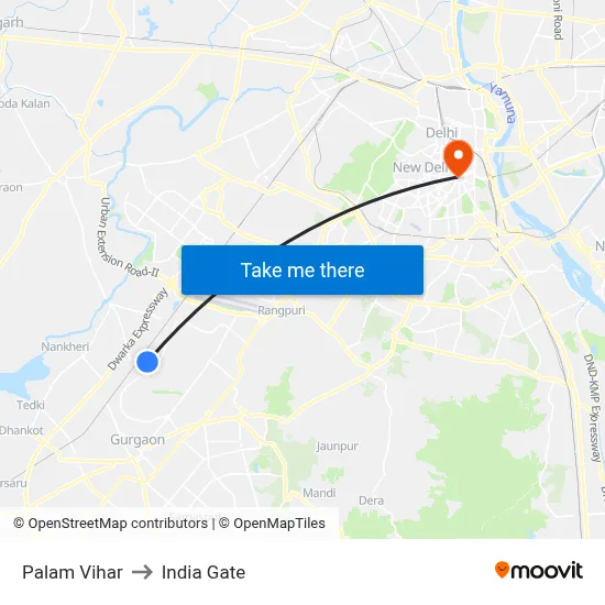Palam Vihar to India Gate map