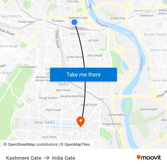 Kashmere Gate to India Gate map