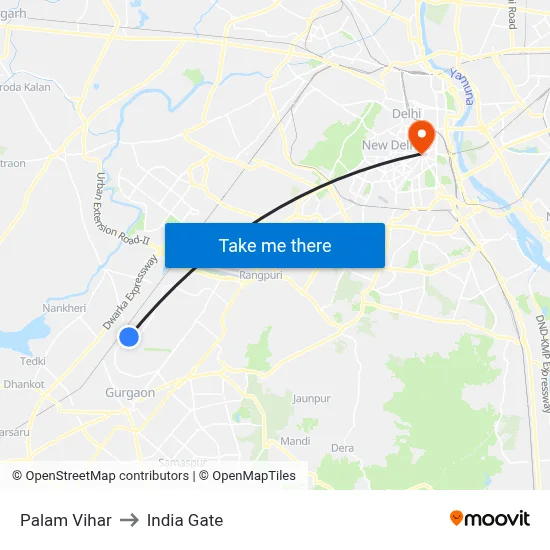 Palam Vihar to India Gate map