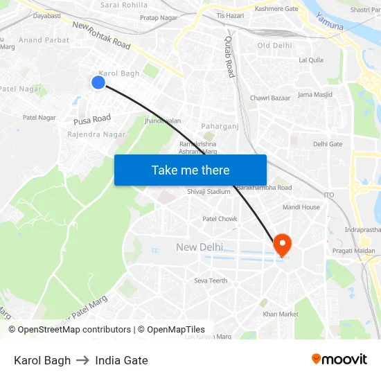 Karol Bagh to India Gate map