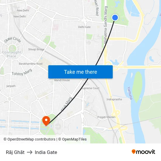 Rāj Ghāt to India Gate map