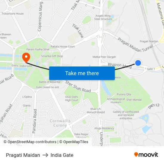 Pragati Maidan to India Gate map