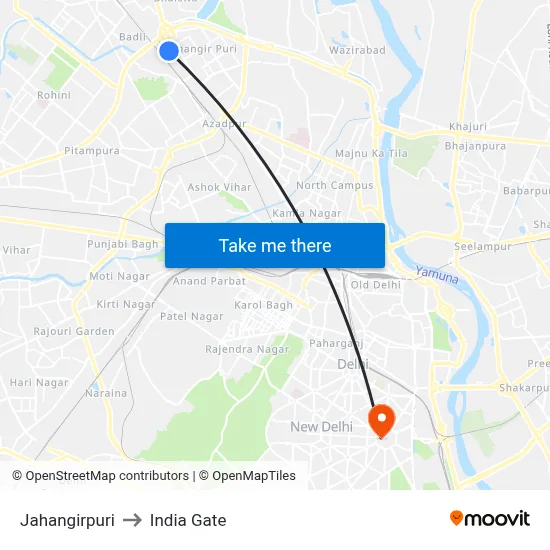 Jahangirpuri to India Gate map