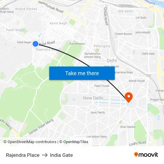 Rajendra Place to India Gate map