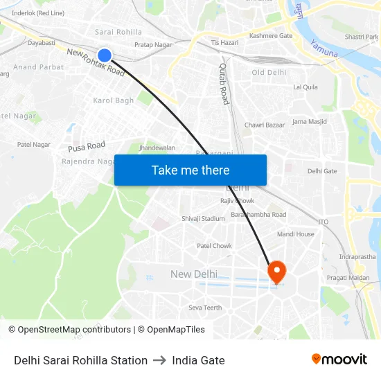 Delhi Sarai Rohilla Station to India Gate map