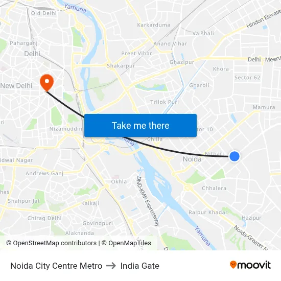 Noida City Centre Metro to India Gate map