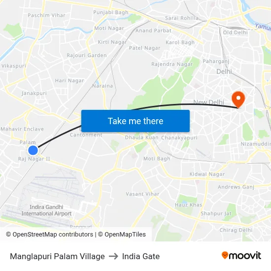 Manglapuri Palam Village to India Gate map