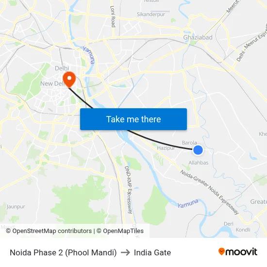 Noida Phase 2 (Phool Mandi) to India Gate map